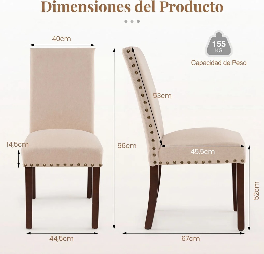 Conjunto de 2 Cadeiras de Jantar Estofadas, 44,5 x 67 x 96 cm, Assento Acolchoado, Bege
