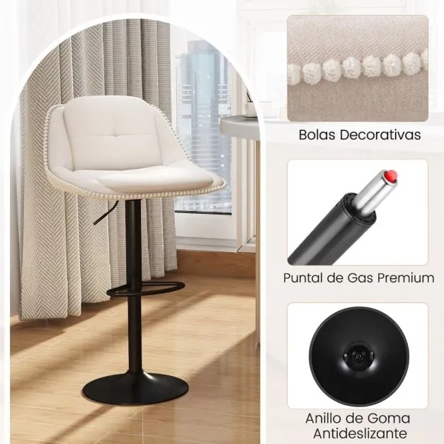 Conjunto de 2 bancos de bar modernos estofados em chenille com altura ajustável, encosto e assento acolchoados, apoio para os pés e giratórios, bege