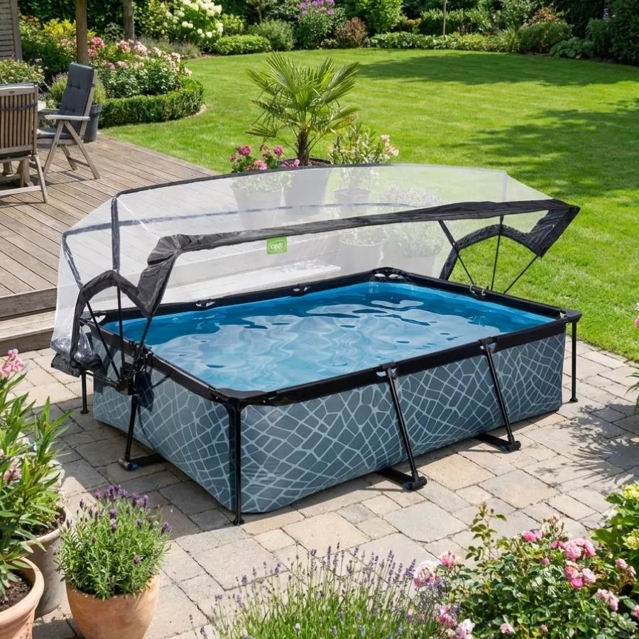Piscina Retangular Stone de 220 x 150 x 65 cm com bomba de filtragem e cobertura - cinzenta