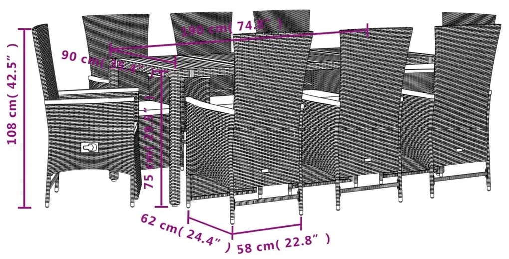 9 pcs conjunto de jantar p/ jardim c/ almofadões vime PE preto