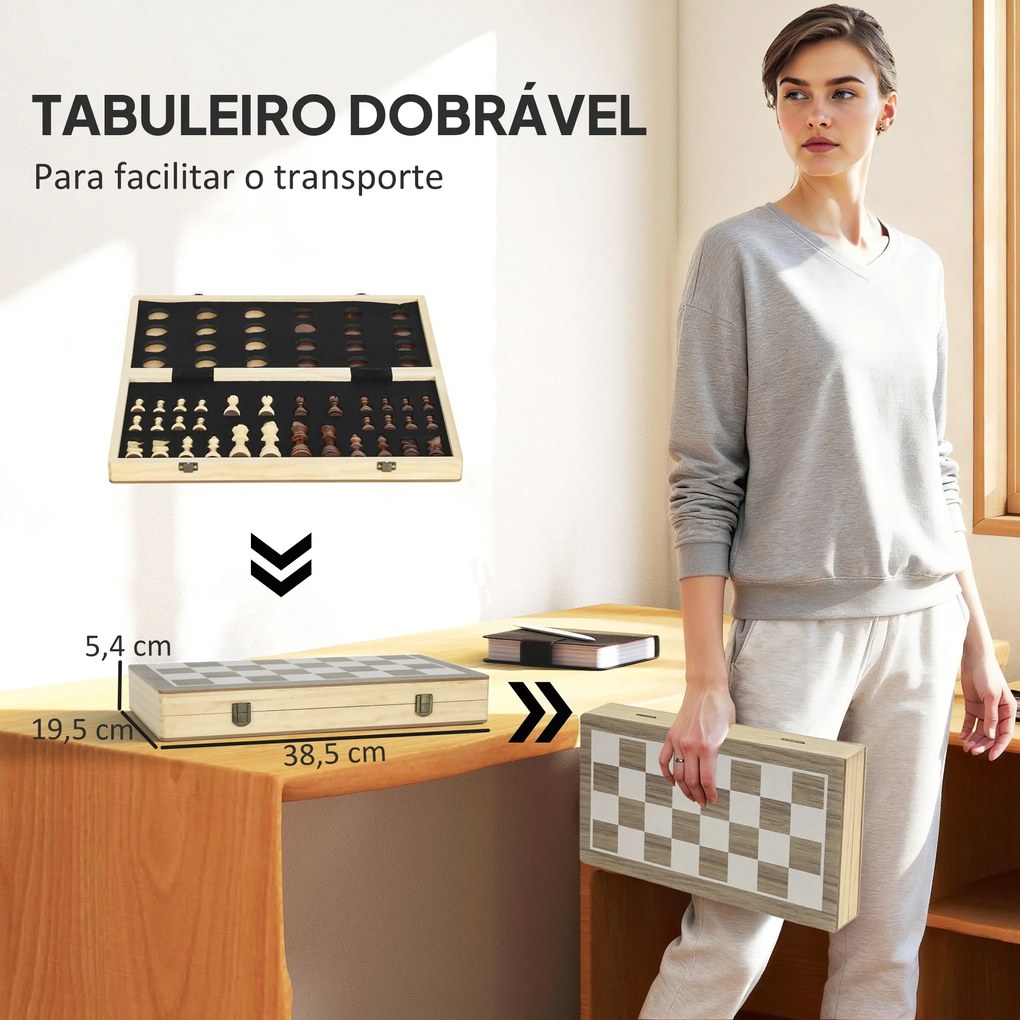 Jogo de Xadrez e Damas em Madeira com Tabuleiro Dobrável Peças de Pinho e Compartimentos de Armazenamento 38,5x38,5x2,8 cm Madeira e Branco