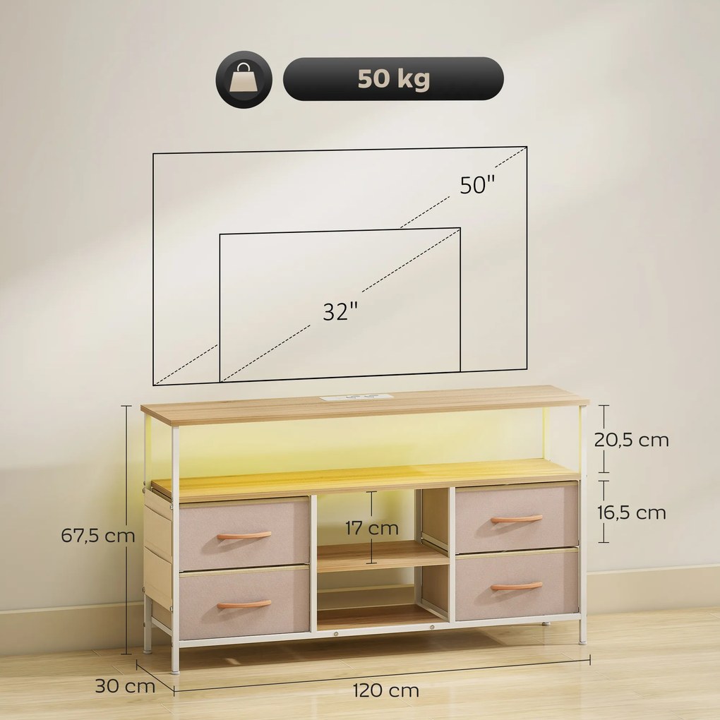 Móvel de TV com Luz LED Tomadas Portas USB 4 Gavetas de Tecido para Televisão até 50 Polegadas 120x30x67,5 cm Bege e Madeira