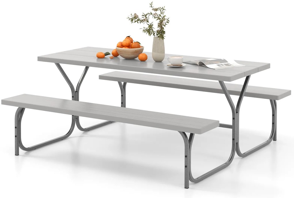 Conjunto de mesa de piquenique dobrável com estrutura de metal e tampo de HDPE para todas as condições climáticas, furo para guarda-chuva - cinza