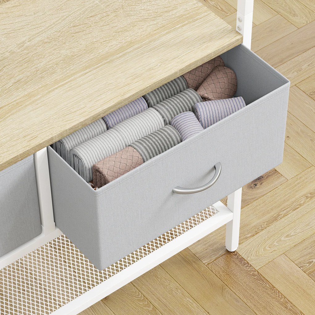 Móvel Cabide de Entrada com Banco Sapateira 8 Ganchos 2 Gavetas de Tecido Barra Prateleira 80x30x180,5 cm Branco e Madeira