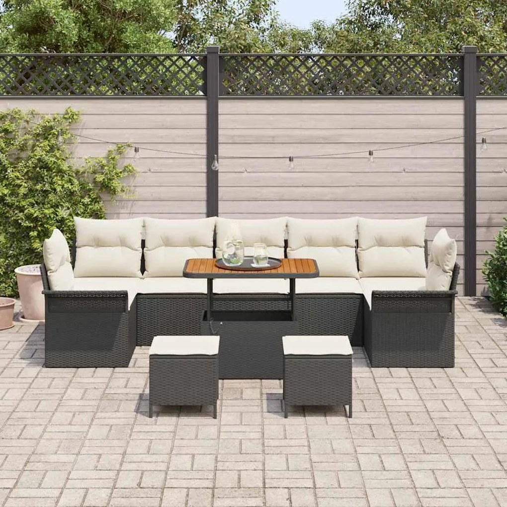 Conjunto de Sofá de Jardim de 10 Peças com Almofadas Preto Rattan Acác
