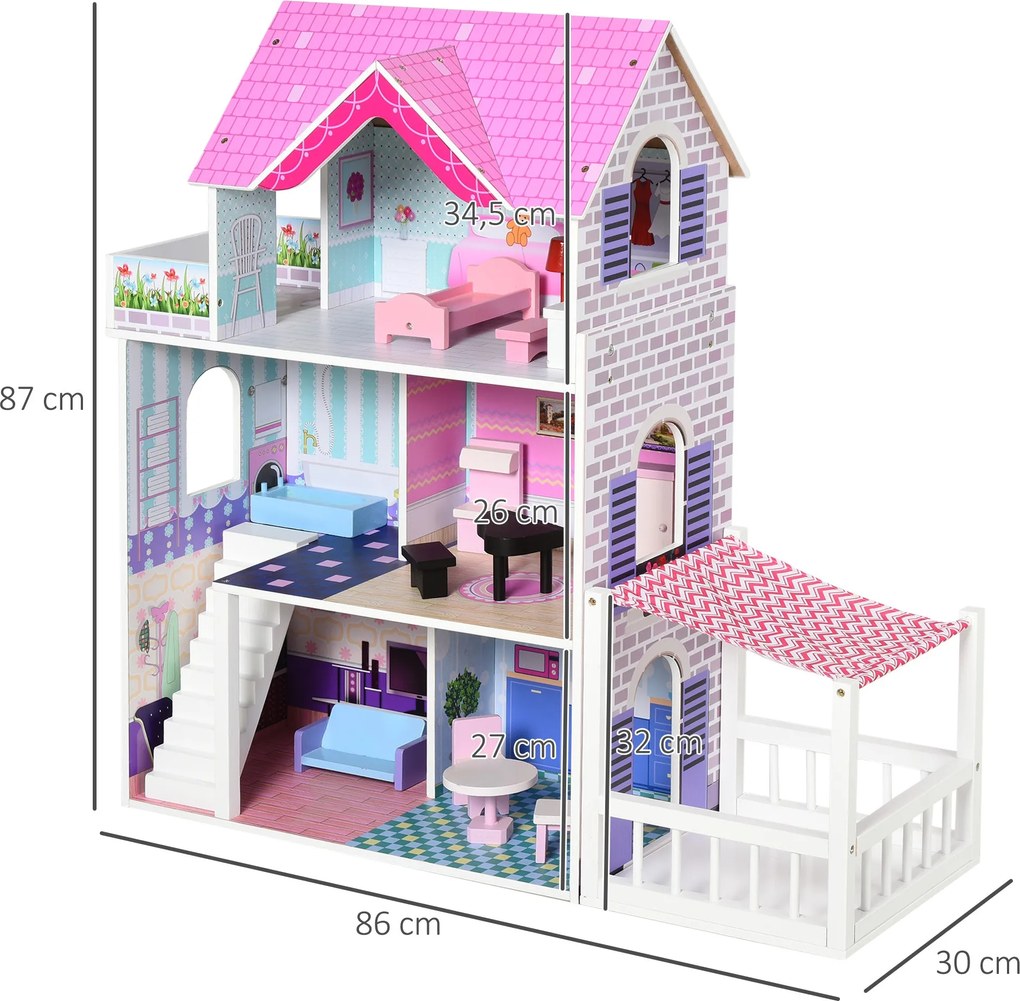 Casa de bonecas 3 andares com Pátio Mobília acessórios Madeira 86x30x8