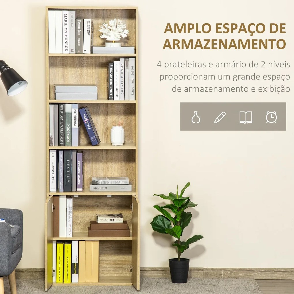 Estante para Livros com 4 Compartimentos Abertos e 1 Armário com 2 Prateleiras Armazenamento Livros Plantas para Sala de Estar Escritório 59x29x180cm