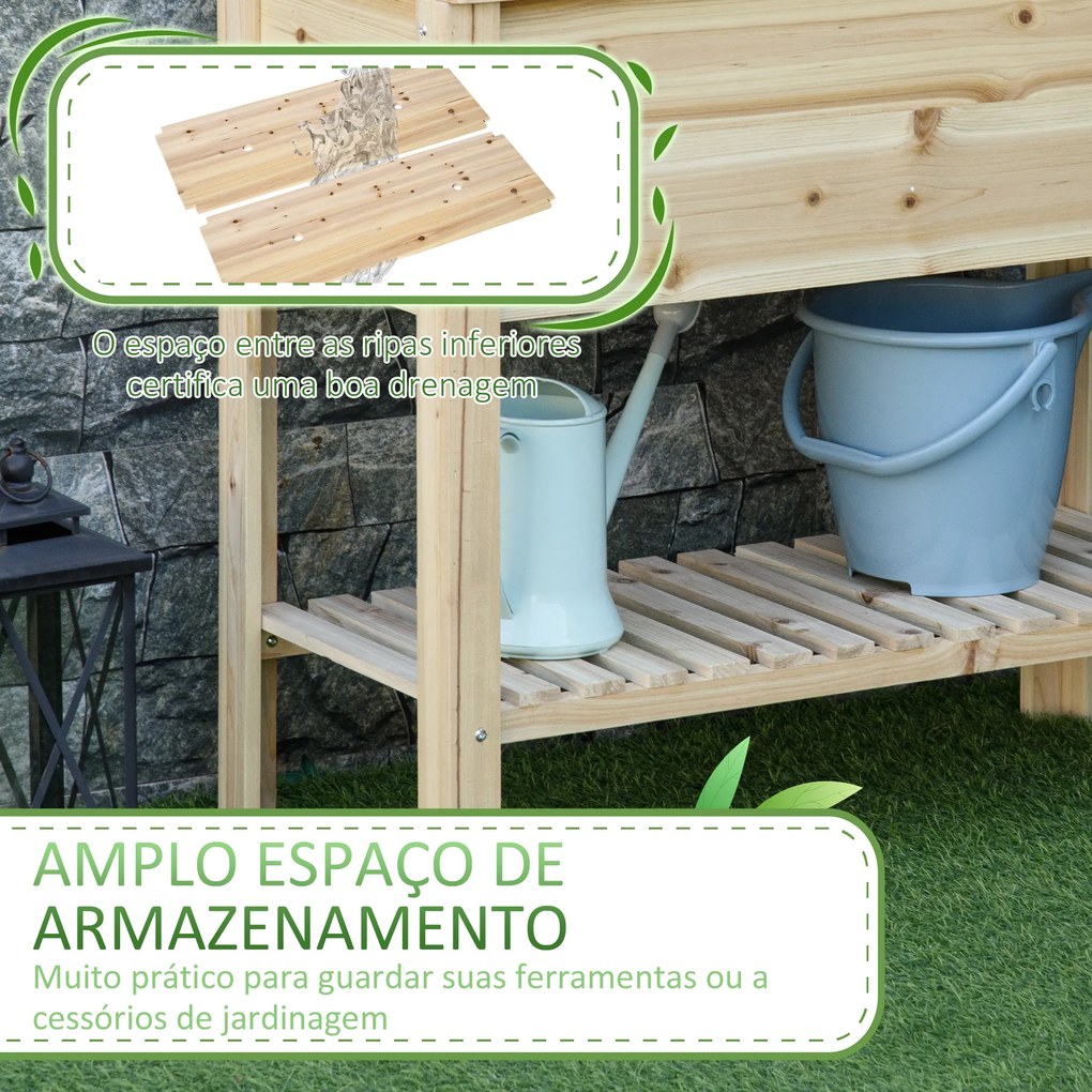 Outsunny Horta Vertical Elevada de Madeira 90x40x81cm Mesa de Cultivo de Jardim com Prateleira Inferior e 2 Orifícios de Drenagem para Cultivos de Plantas Flores Natural