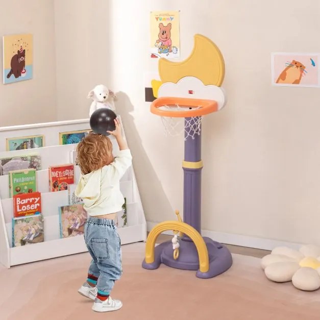 Cesto de basquetebol 4 em 1 para crianças Centro de actividades desportivas ajustável com anéis de basquetebol, futebol, golfe Amarelo