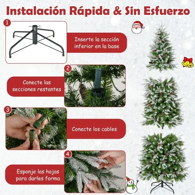 Árvore de Natal estreita pré-iluminada de 225 cm com 350 luzes LED Neve simulada 913 ramos articulados 75 pinhas Verde+Branco