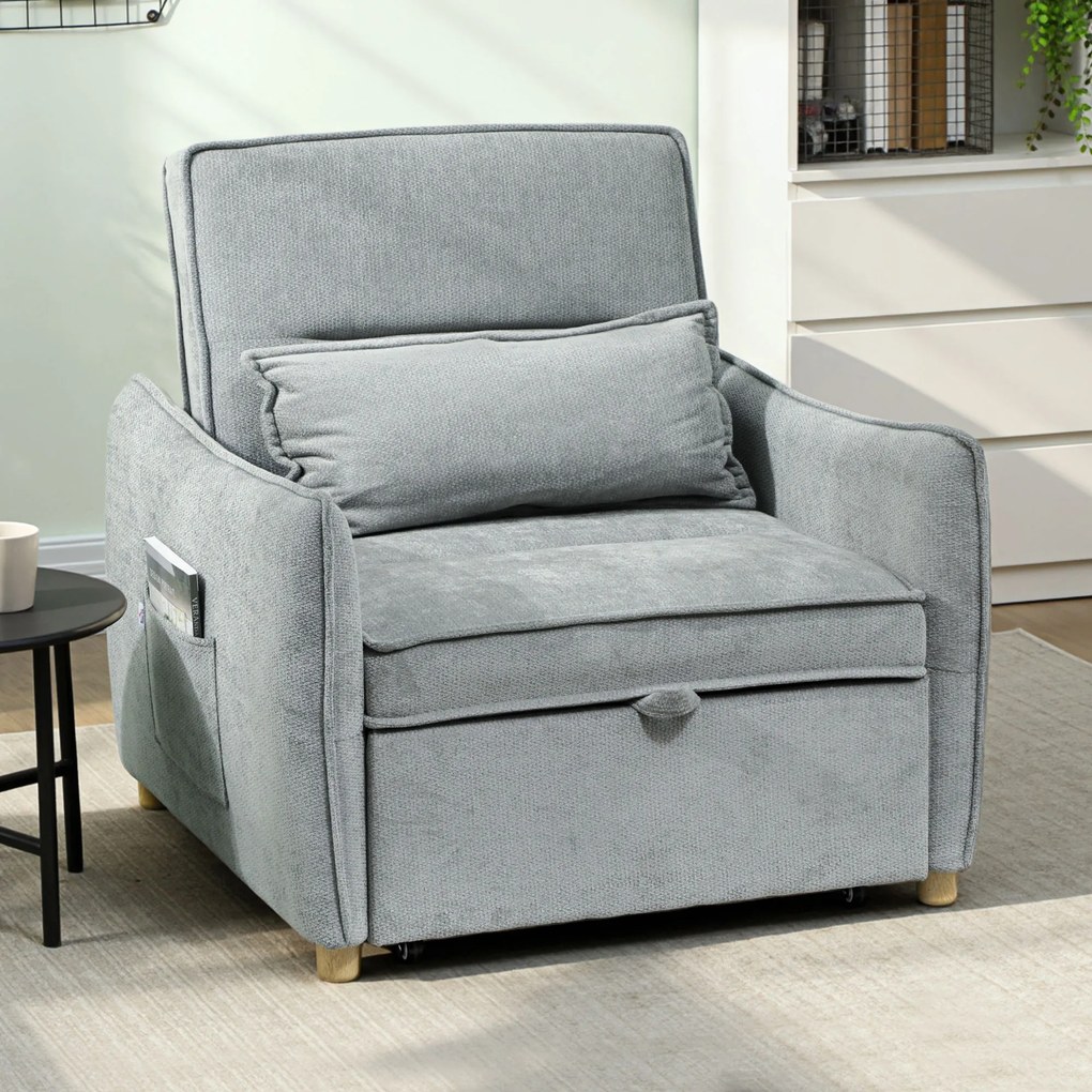 Poltrona convertível de 1 lugar 3 em 1, poltrona-cama clic-clac em tecido chenille, assento largo e encosto ajustável, 88x84x87 cm, cinzento