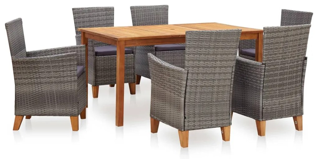 7 pcs conjunto jantar vime PE madeira acácia maciça cinzento