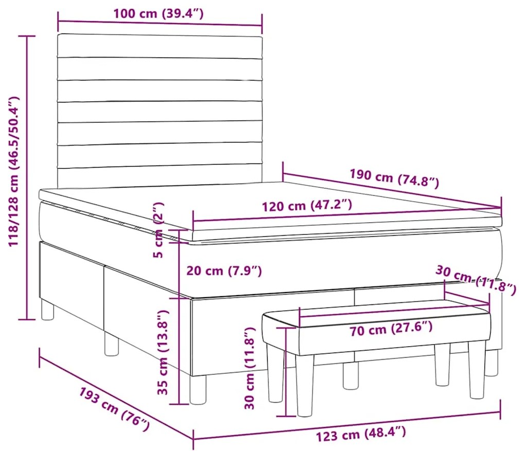 Cama boxspring com colchão 120x190 cm tecido azul