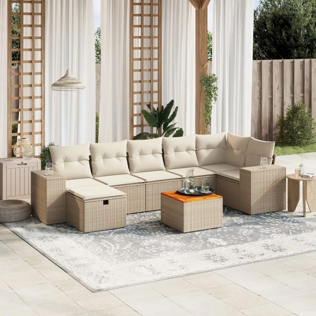 8 pcs conjunto de sofás p/ jardim com almofadões vime PE bege