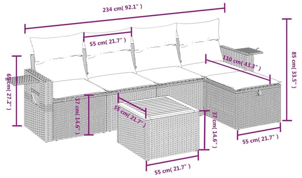 6 pcs conjunto sofás de jardim c/ almofadões vime PE preto