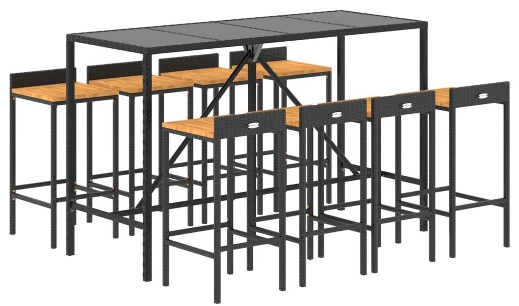 9 pcs conjunto de bar p/ jardim vime PE/acácia maciça preto