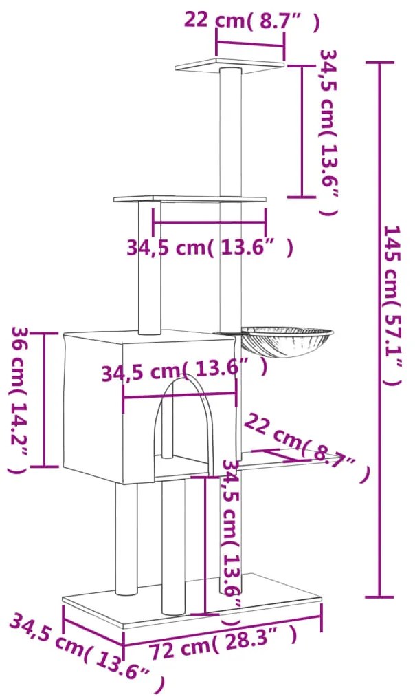 Árvore p/ gatos c/ postes arranhadores sisal 145 cm cinza-claro