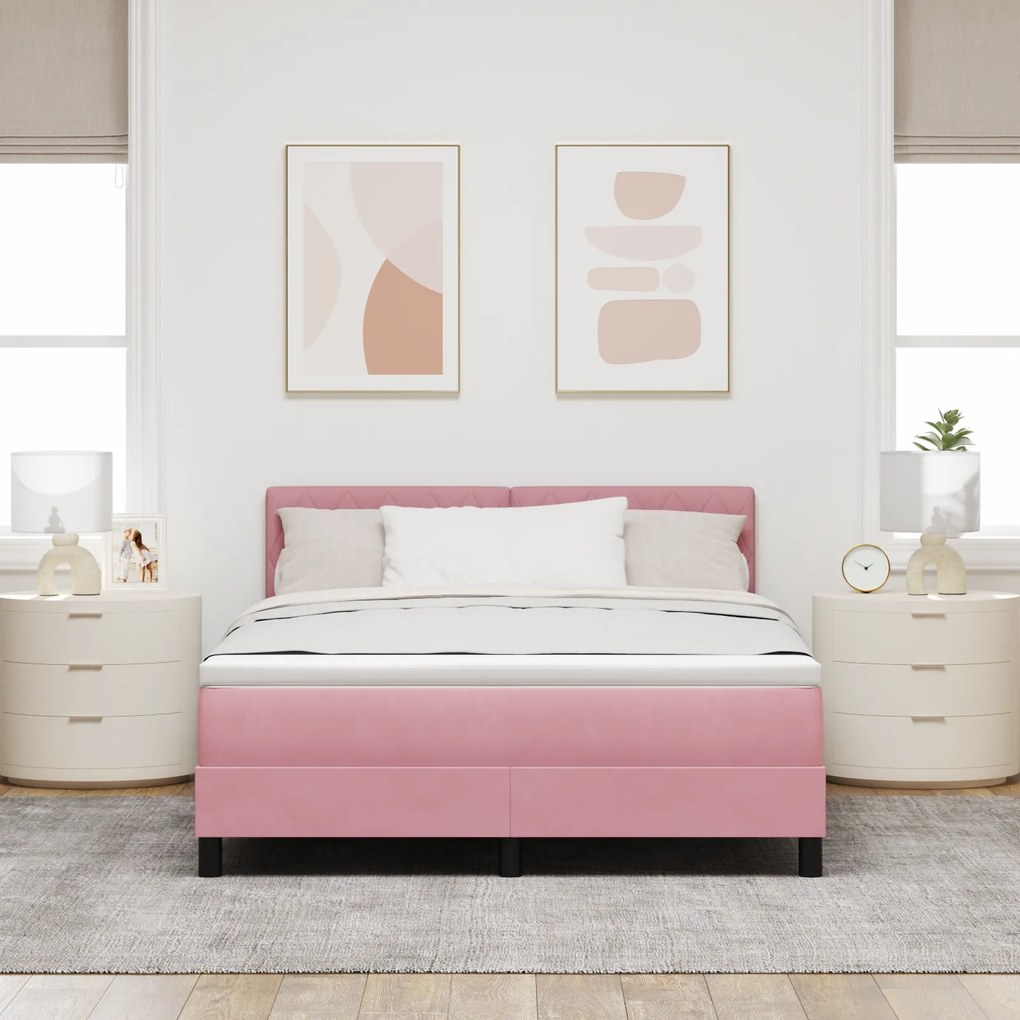 Cama Box Spring com Colchão Rosa 160x200 cm Veludo