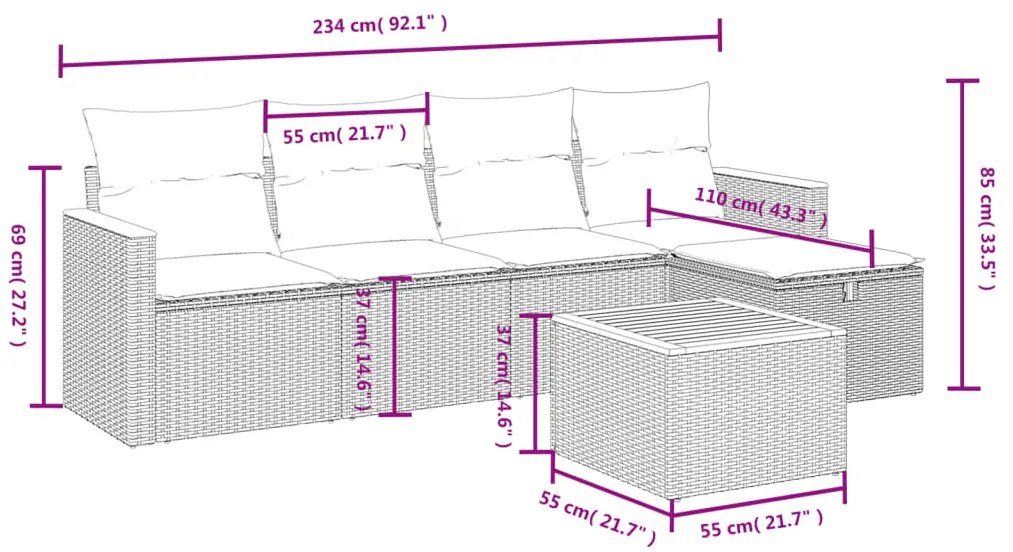 6 pcs conjunto sofás de jardim c/ almofadões vime PE preto