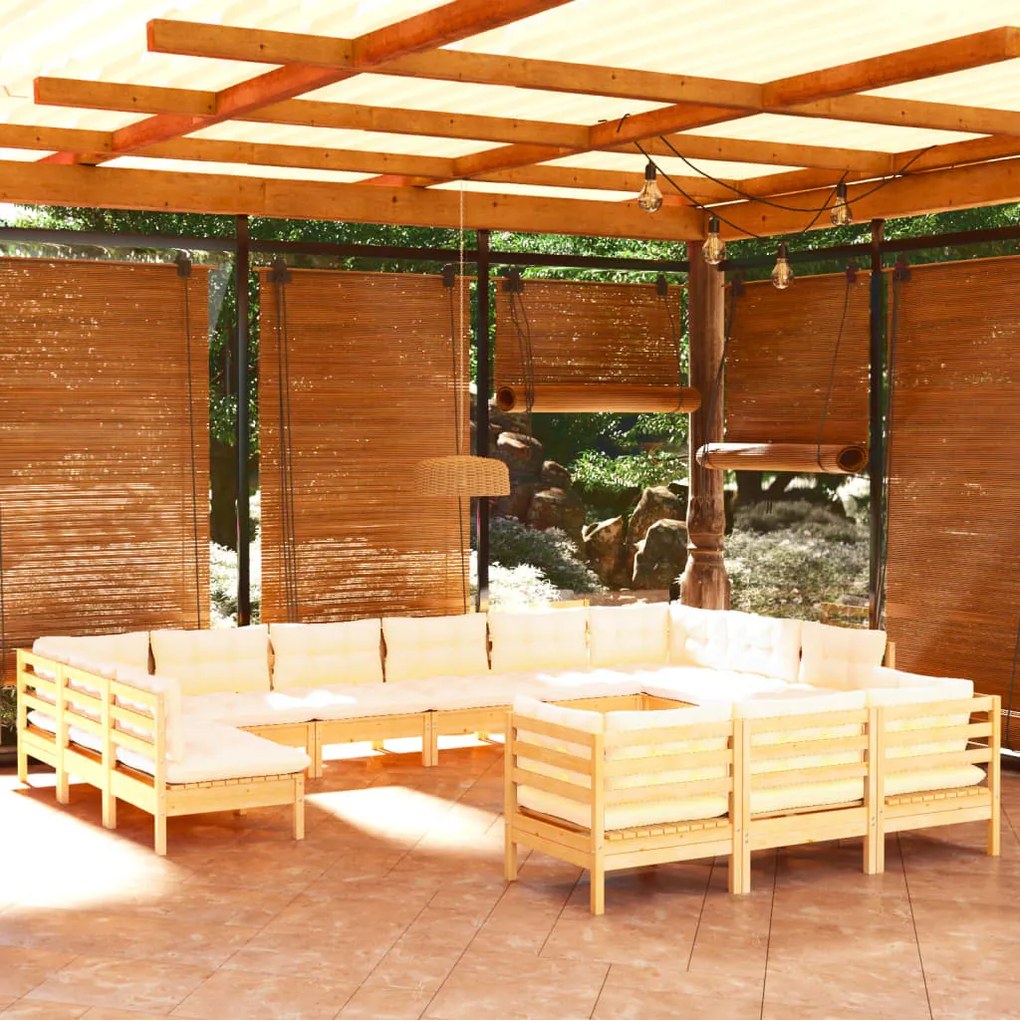 vidaXL 13 pcs conjunto lounge jardim c/ almofadões cor creme pinho
