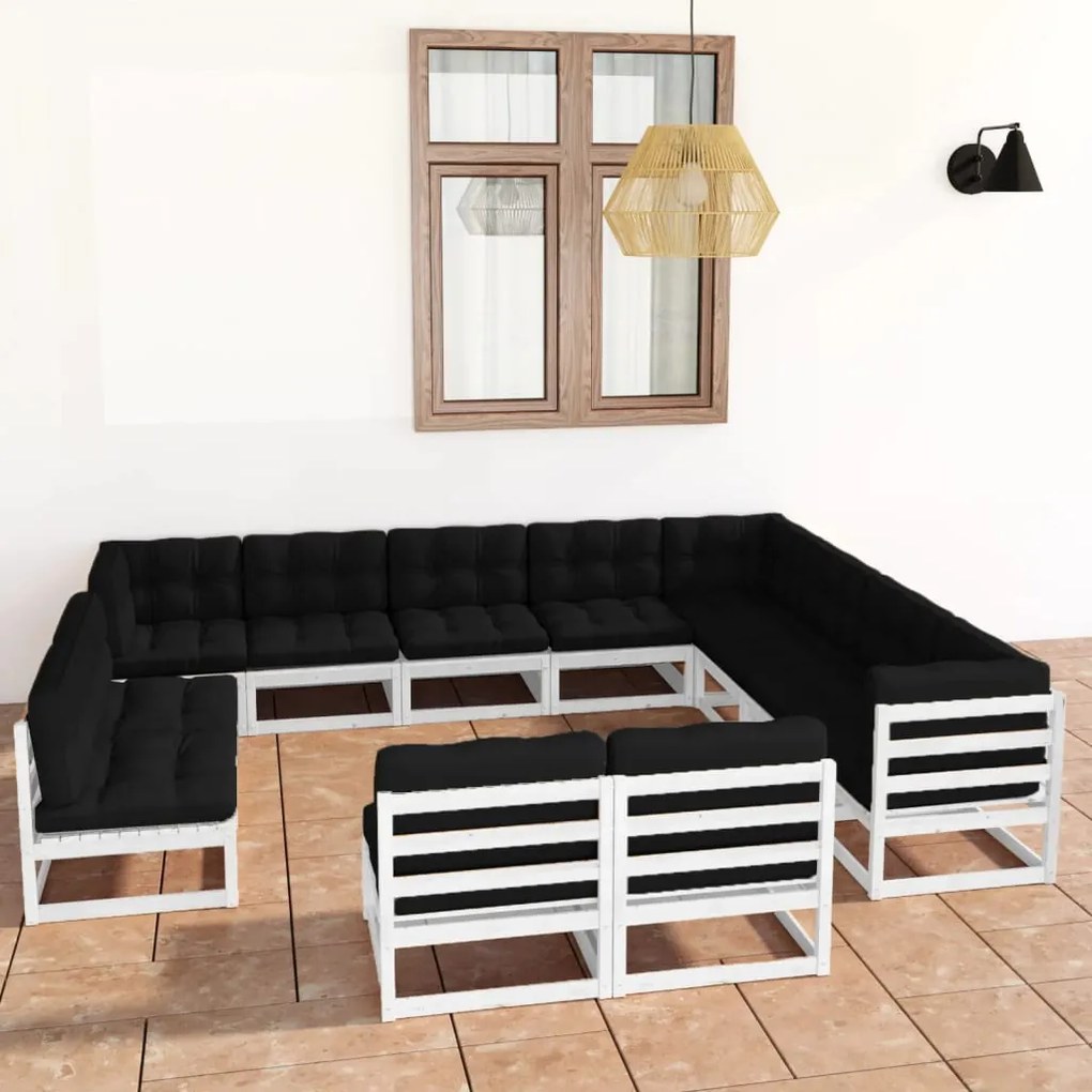 vidaXL 12 pcs conj. lounge de jardim c/ almofadões pinho maciço branco