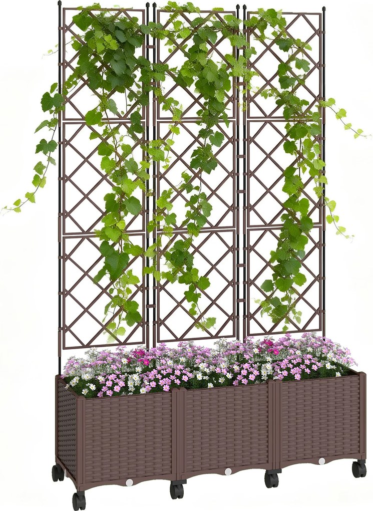 Floreira com Treliça e Rodas com Drenagem para Cultivo de Legumes Flores e Ervas 120x40x192 cm Castanho
