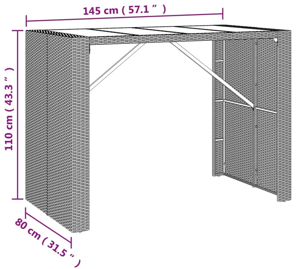 Mesa de bar com tampo de vidro 145x80x110 cm vime PE cinzento