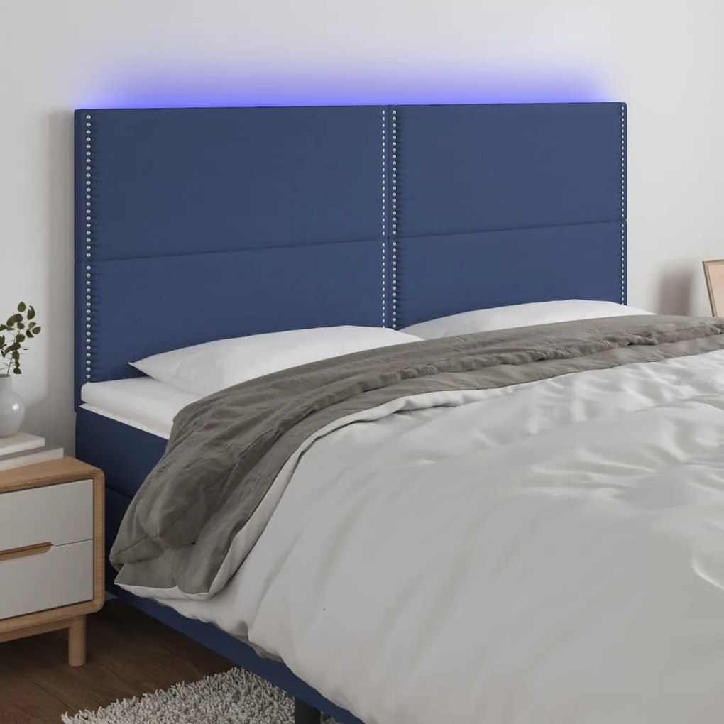 Cabeceira de cama c/ luzes LED tecido 200x5x118/128 cm azul