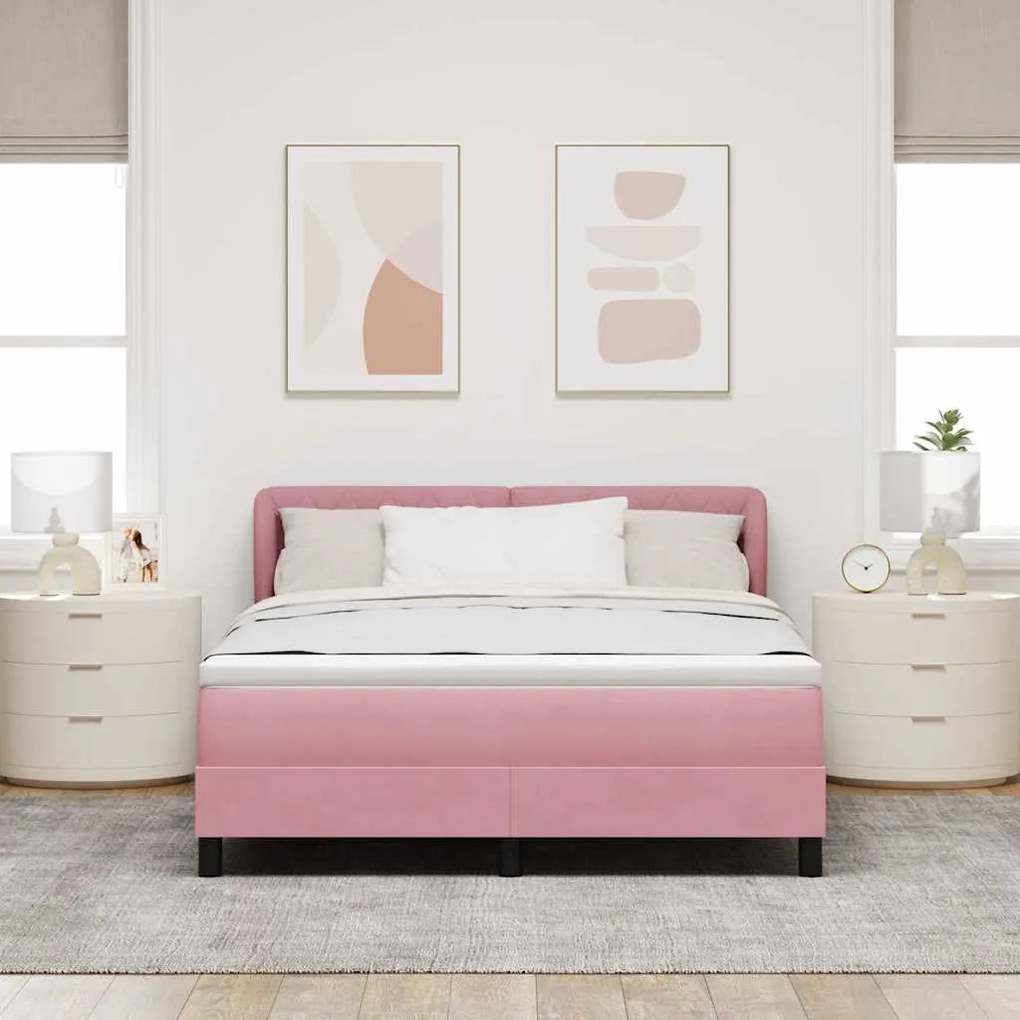 Cama Box Spring com Colchão Rosa 160x200 cm Veludo