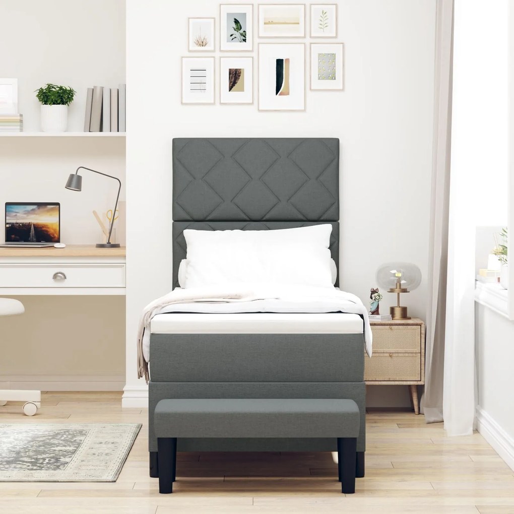 Cama Box Spring com Colchão e Banco Cinza Escuro 80x200 cm Tecido