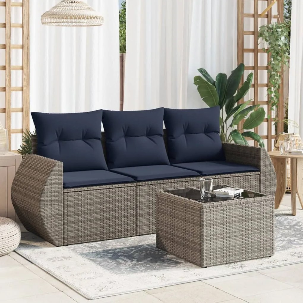vidaXL 4 pcs conjunto sofás p/ jardim c/ almofadões vime PE cinzento