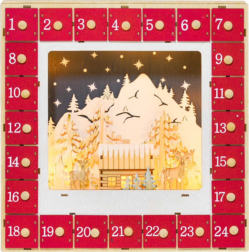 Calendário do Advento com LED, decorações de Natal em madeira, 24 gavetas para encher, decoração luminosa, vermelho