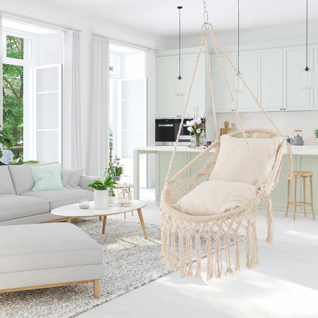 Cadeira suspensa jardim 101 x 69 cm com franjas 2 almofadas macias para o assento Corda e corrente Capacidade de carga 150 kg Bege