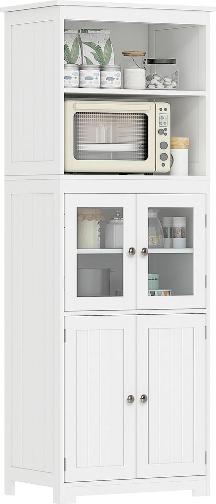 HOMCOM Armário de Cozinha com 2 Portas de Vidro Temperado 2 Prateleiras Abertas e Armário com Prateleira Ajustável 60x30x162cm Branco | Aosom Portugal