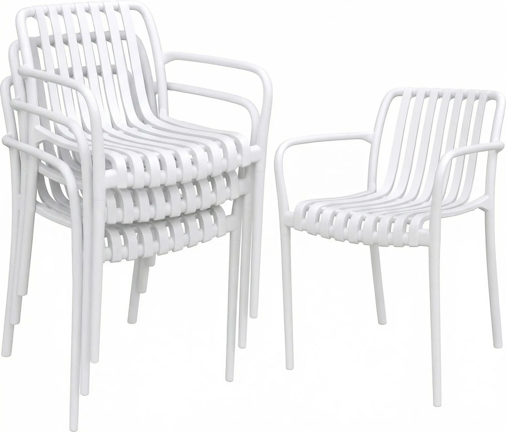Conjunto de 4 Cadeiras de Jardim Exterior Empilháveis de PP (MESA NÃO INCLUIDA) com Encosto Curvado Assento com Ripas 55x58,5x81,5 cm Branco