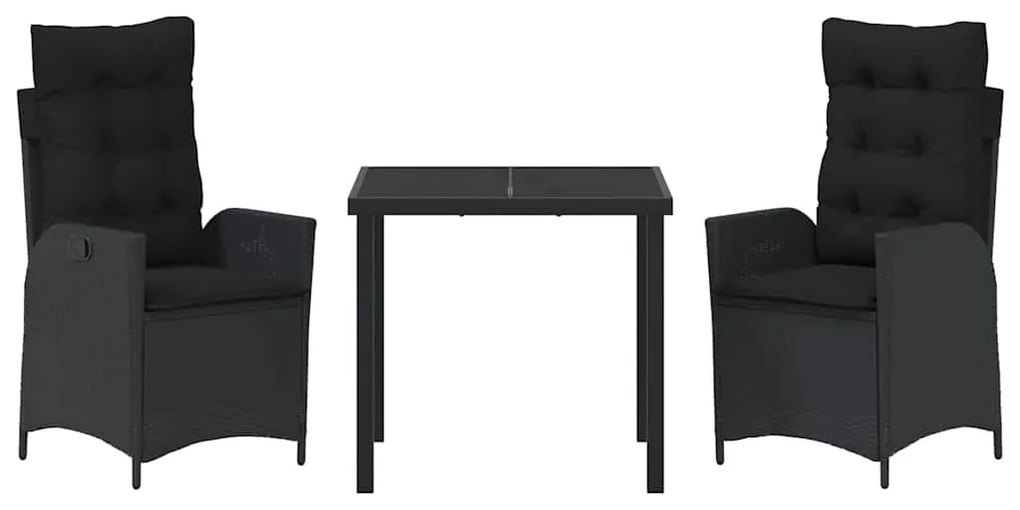 Conjunto de Jantar para Jardim com 3 Peças e Almofadas - Preto, Rattan