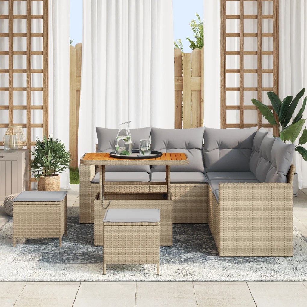 Conjunto de Sofá de Jardim de 8 Peças com Almofadas Bege Vime PE Acáci