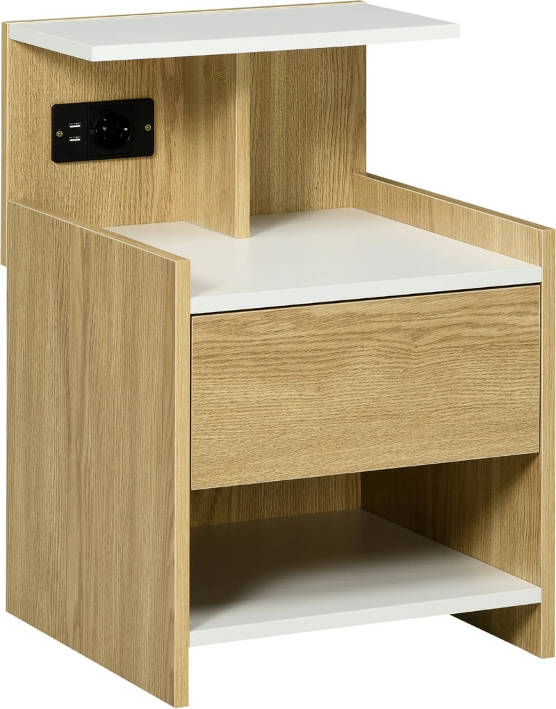 Mesa de Cabeceira Moderna Mesa de Cabeceira com Entrada USB Tomada Elétrica Gaveta e Prateleiras 40x40x60 cm Madeira