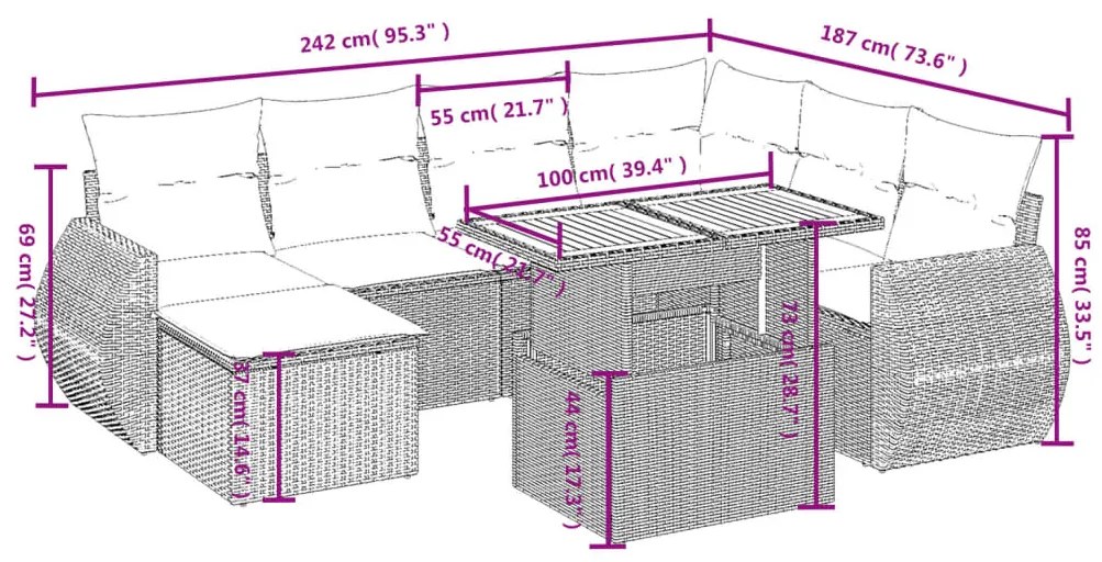 8 pcs conjunto sofás de jardim com almofadões vime PE preto