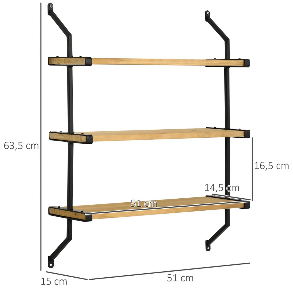 Estante de Parede de 3 Níveis Estante Flutuante de Madeira para Sala de Estar Dormitório Cozinha Sala de Jantar Carga Máxima 15kg 51x15x63,5cm Madeira