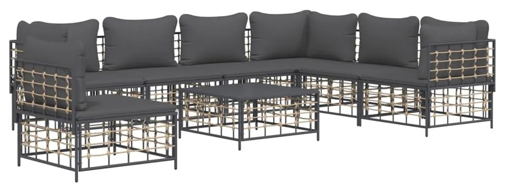 8 pcs conjunto lounge de jardim c/ almofadões vime PE antracite