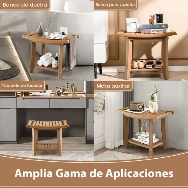 Banco de banho curvo em HDPE 60,5 cm x 34 cm x 48 cm impermeável com Prateleira de armazenamento Almofadas antiderrapantes para idosos Castanho