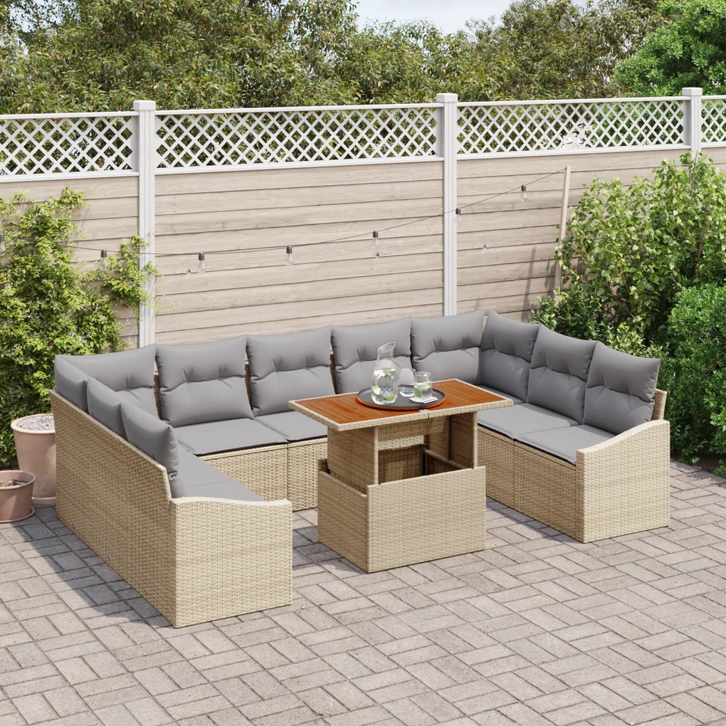 Conjunto de Sofá para Jardim de 10 Peças com Almofadas Bege Rattan PE