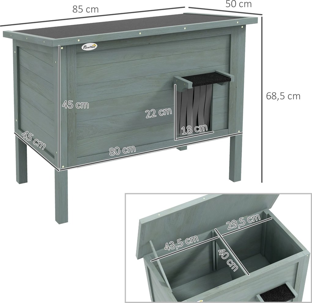 Casinha para gatos, casinha exterior elevada em madeira com teto basculante e isolamento, 85 x 50 x 68,5 cm, cinzento escuro e preto