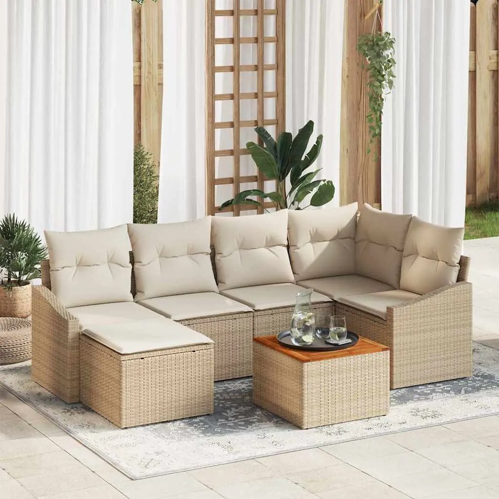 vidaXL Conjunto de Sofá de Jardim de 7 Peças com Almofadas Bege em Rattan Sintético e Acácia