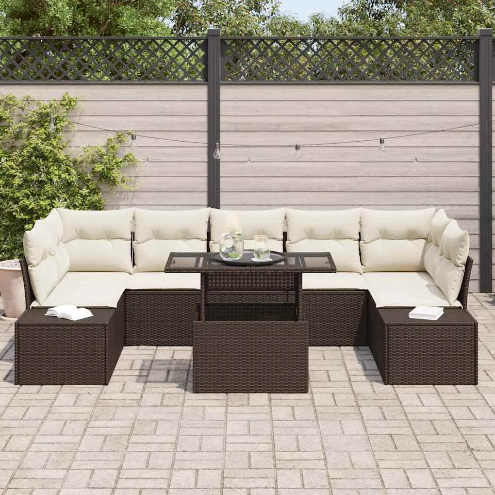 Conjunto de Sofá de Jardim de 8 Peças com Almofadas Marrons em Rattan