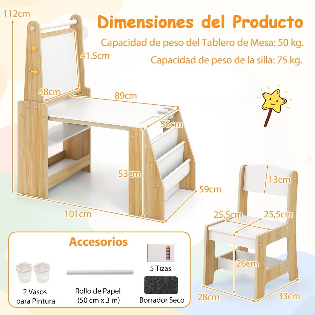 Conjunto de mesa e cadeira para crianças com 2 quadros, rolo de papel, copos para tinta, cavalete e cadeira multifuncional cor natural e branca