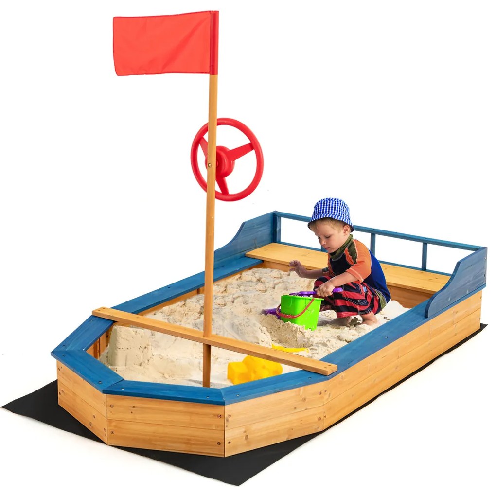 Caixa de Areia de Pirata de Madeira com Bancada e Bandeja de Areia para Jardim Terraço