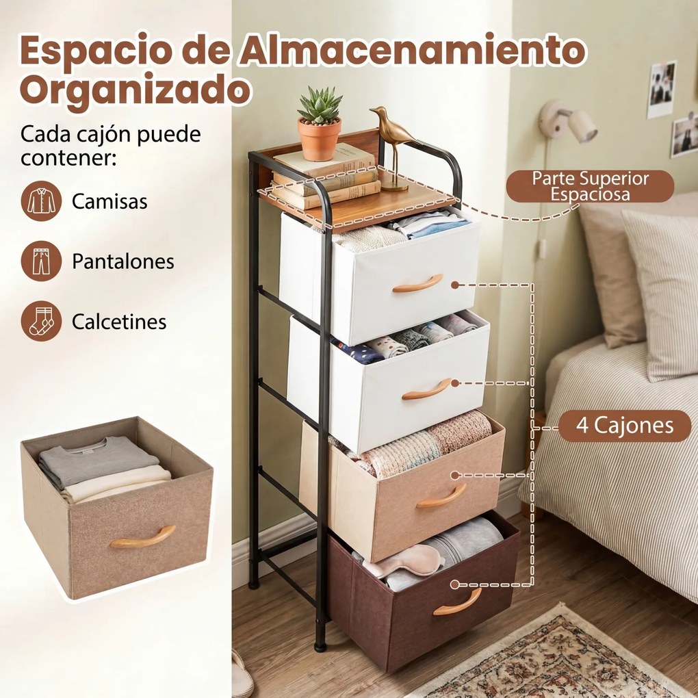 Cómoda de 4 gavetas com gavetas de tecido dobráveis e removíveis 31 x 28,5 x 99,5 cm, Estrutura metálica, Multicolorido