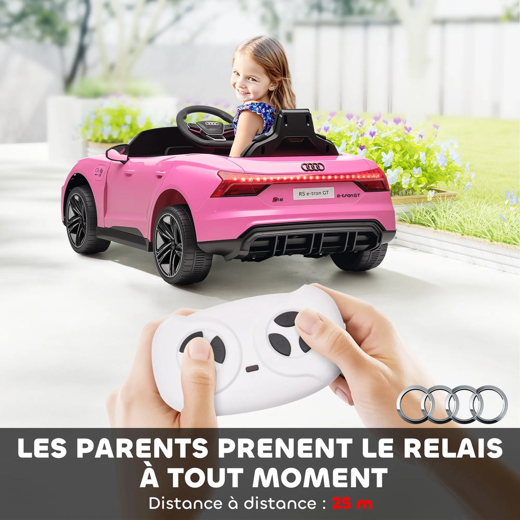 Carro elétrico infantil crianças 3 a 6 anos de 12 V, Audi RS E-tron GT comando à distância para os pais efeitos sonoros e luminosos rosa